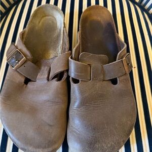 Birkenstock Brown Leather Slip-On Clogs with Buckle